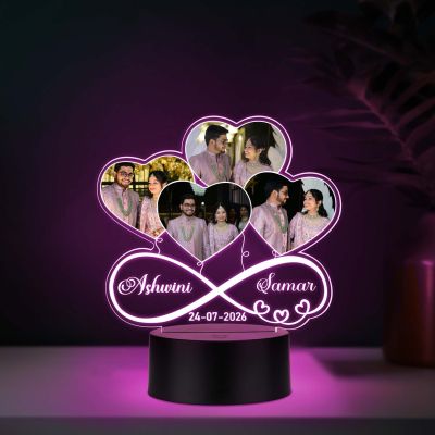 Personalised Couple Photo Collage LED Night Lamp with Infinity Symbol and Heart Design Multicolored Light Anniversary or Wedding Gift for Husband, Wife, or Partner